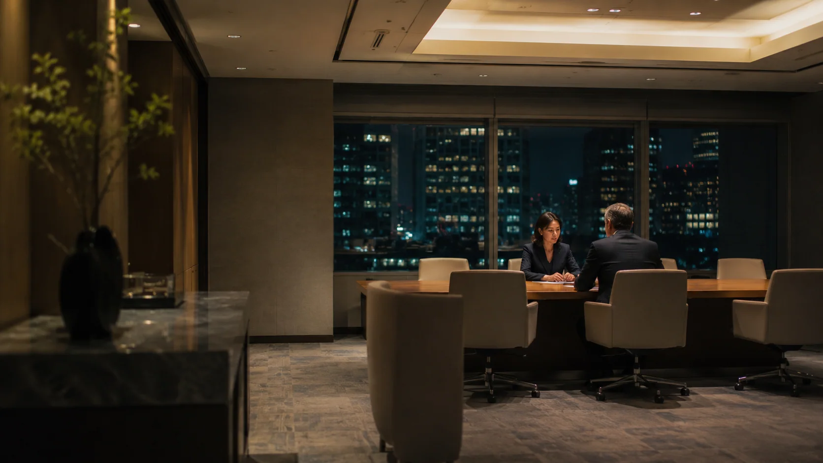 夜の高層ビルの会議室。窓の外は夜景で、テーブルをはさんで日本人の営業担当と海外のバイヤーが向かい合っている
