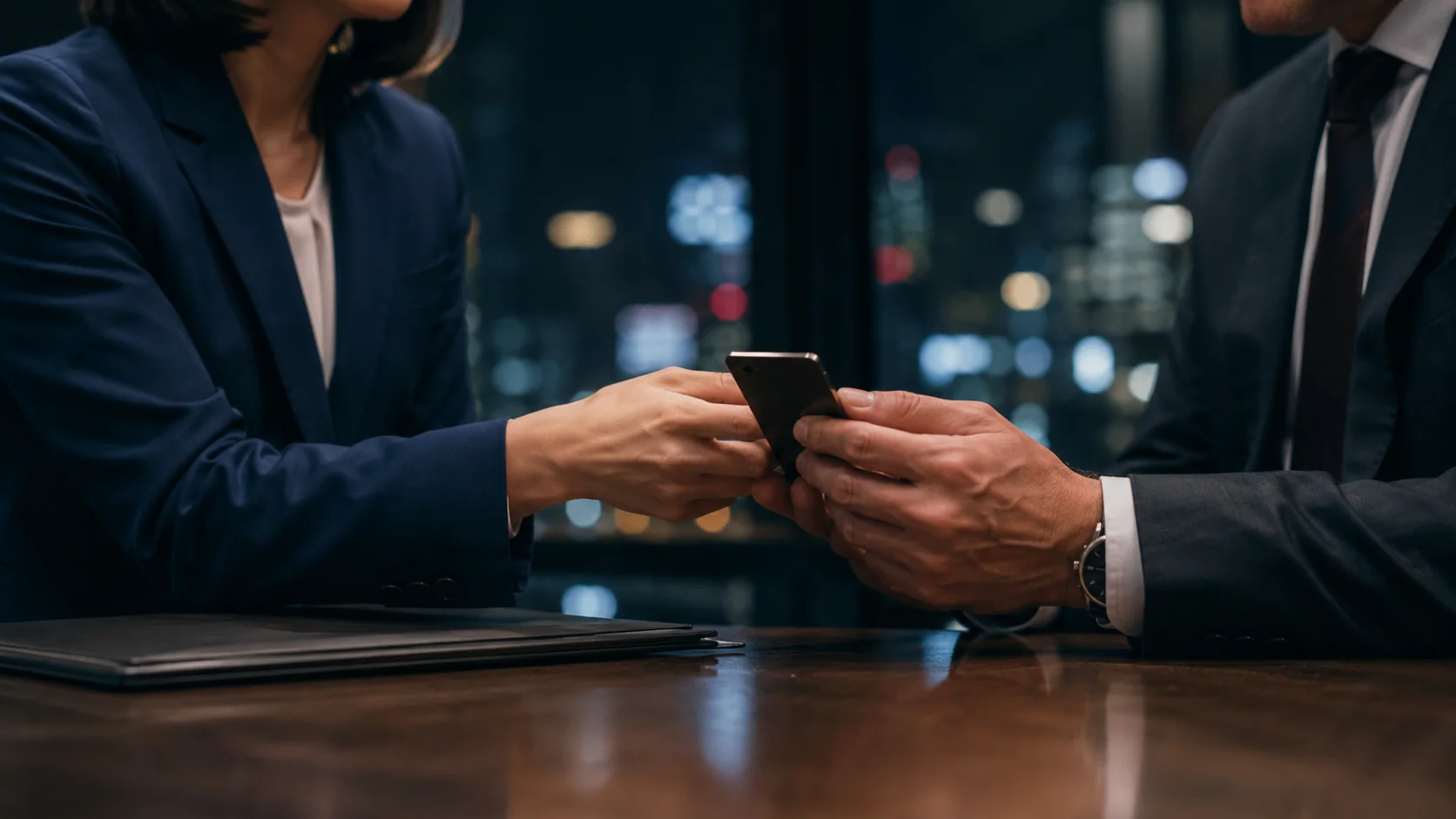 夜の会議室で、日本人の営業担当がテーブル越しに海外のバイヤーへスマートフォンを差し出している