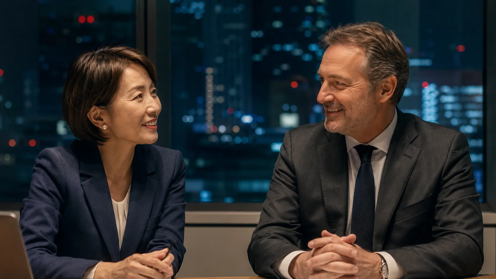 商談を終えた日本人の営業担当と海外のバイヤーが、笑顔で顔を見合わせている
