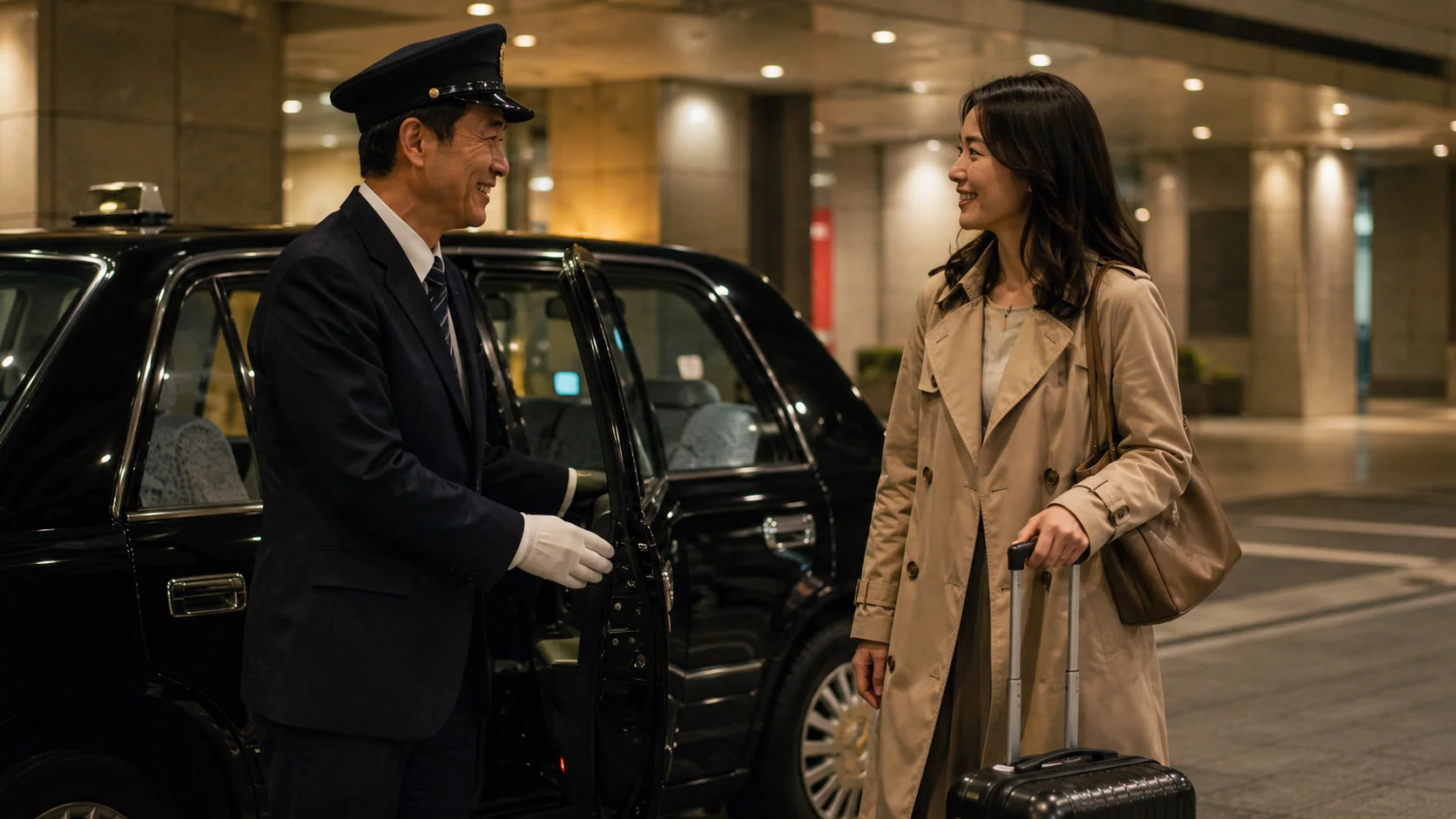 タクシーのドアを開けた運転手と、スーツケースを持った女性客が笑顔で向かい合っている