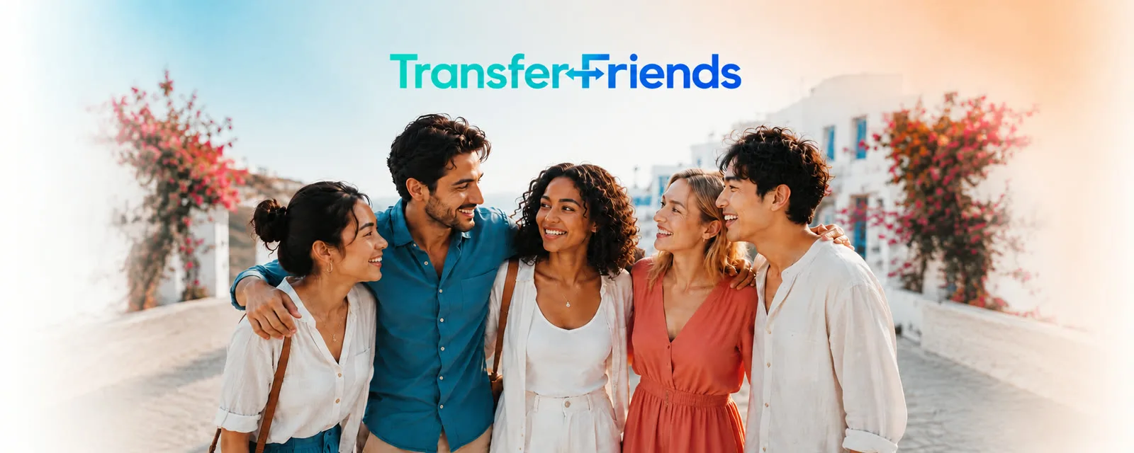 いろいろな国の人が肩を組んで笑い合っている写真と TransferFriends のロゴ