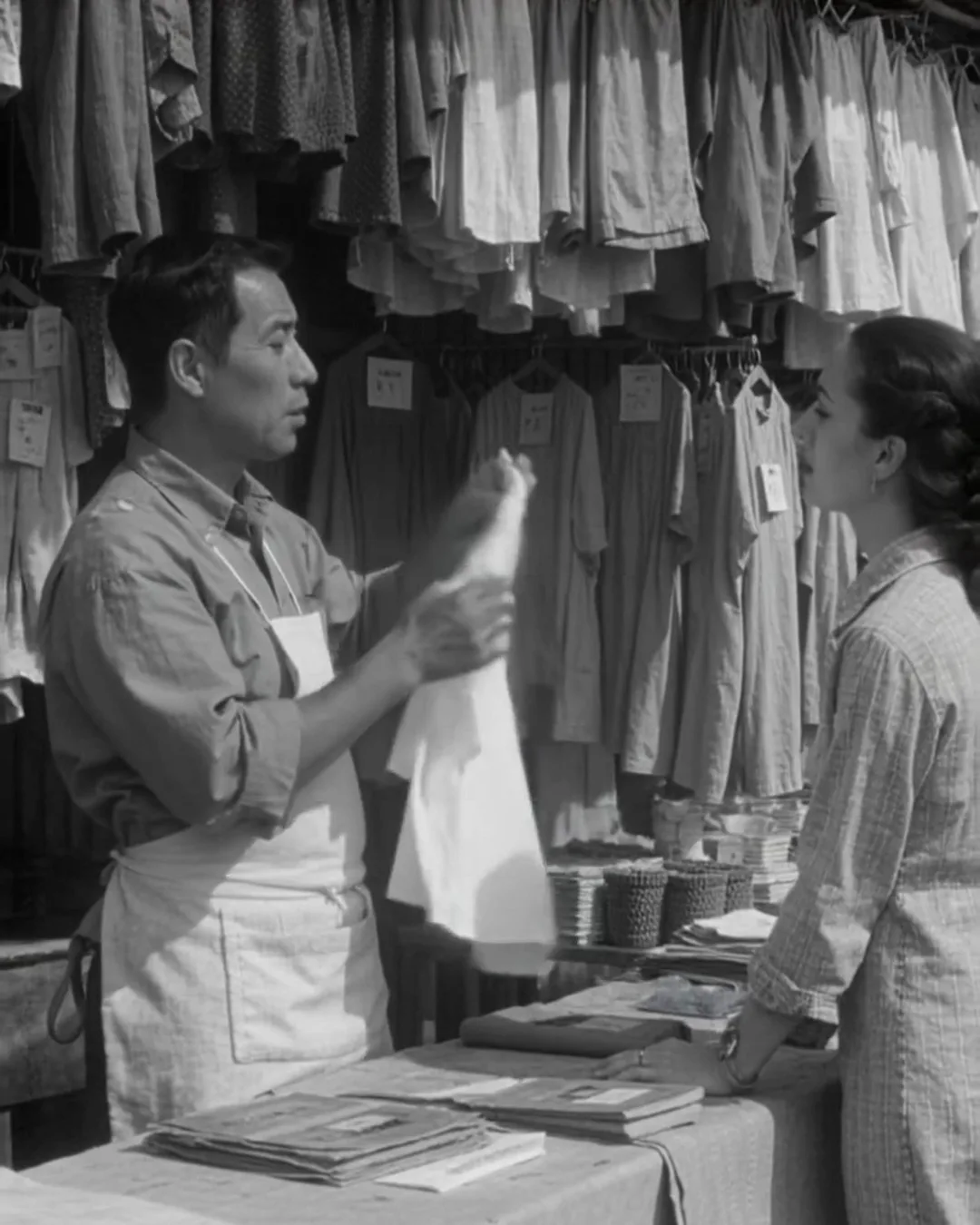 クリーニング店のカウンターで、エプロン姿の店主が白いシャツを持ち上げ、外国人の女性客と話している