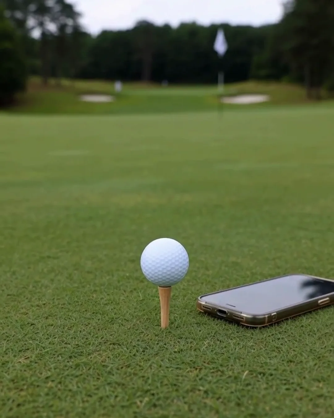 ゴルフ場のティーグラウンドに置かれた、ゴルフボールとスマートフォン