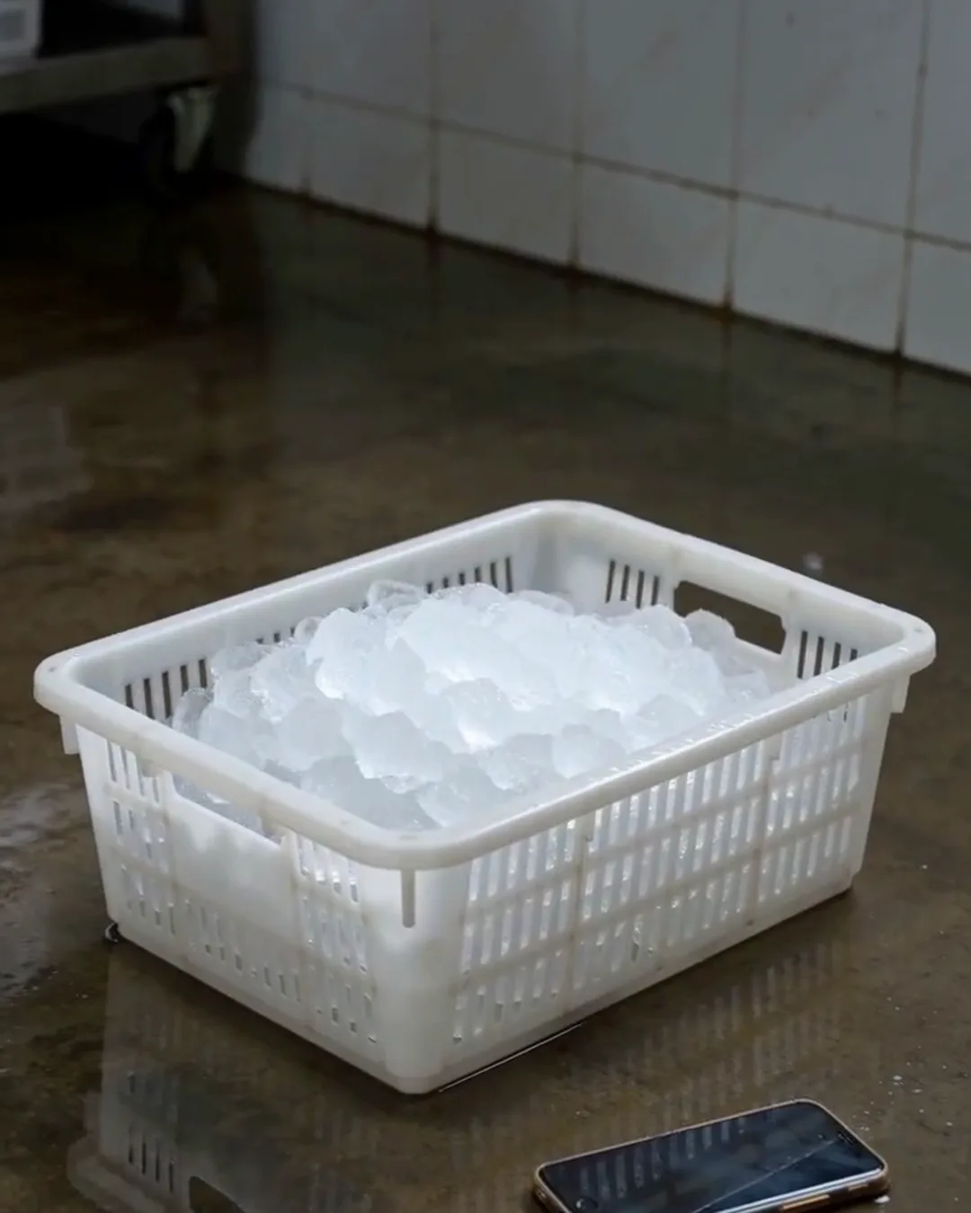 水産加工場の作業台の上に置かれた、氷の入った箱
