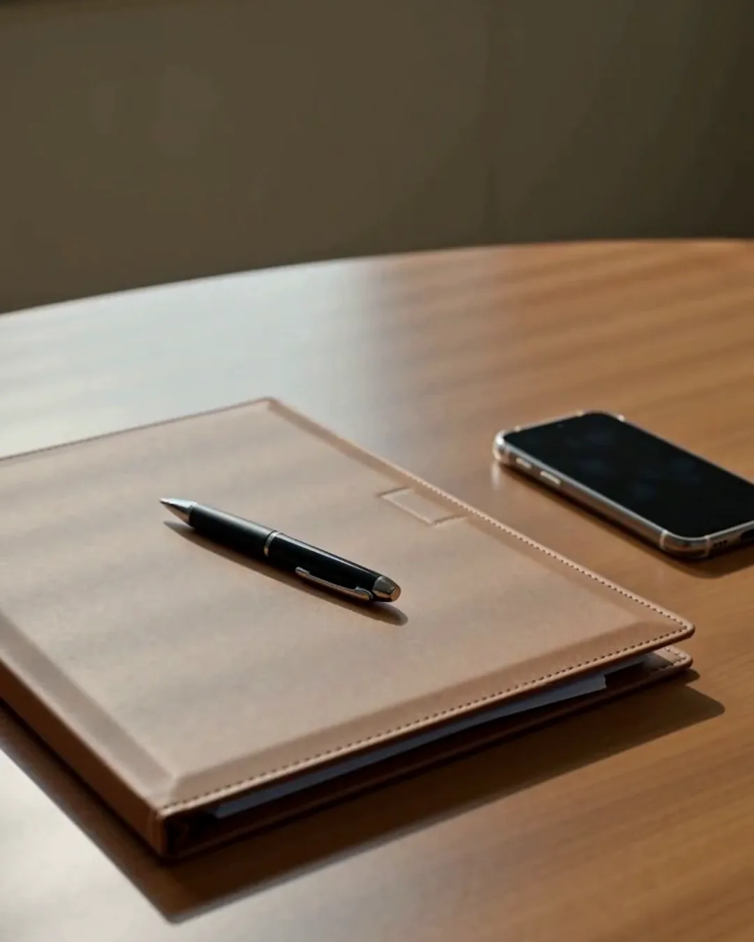 相談室の机に置かれた、書類ファイルとペンとスマートフォン