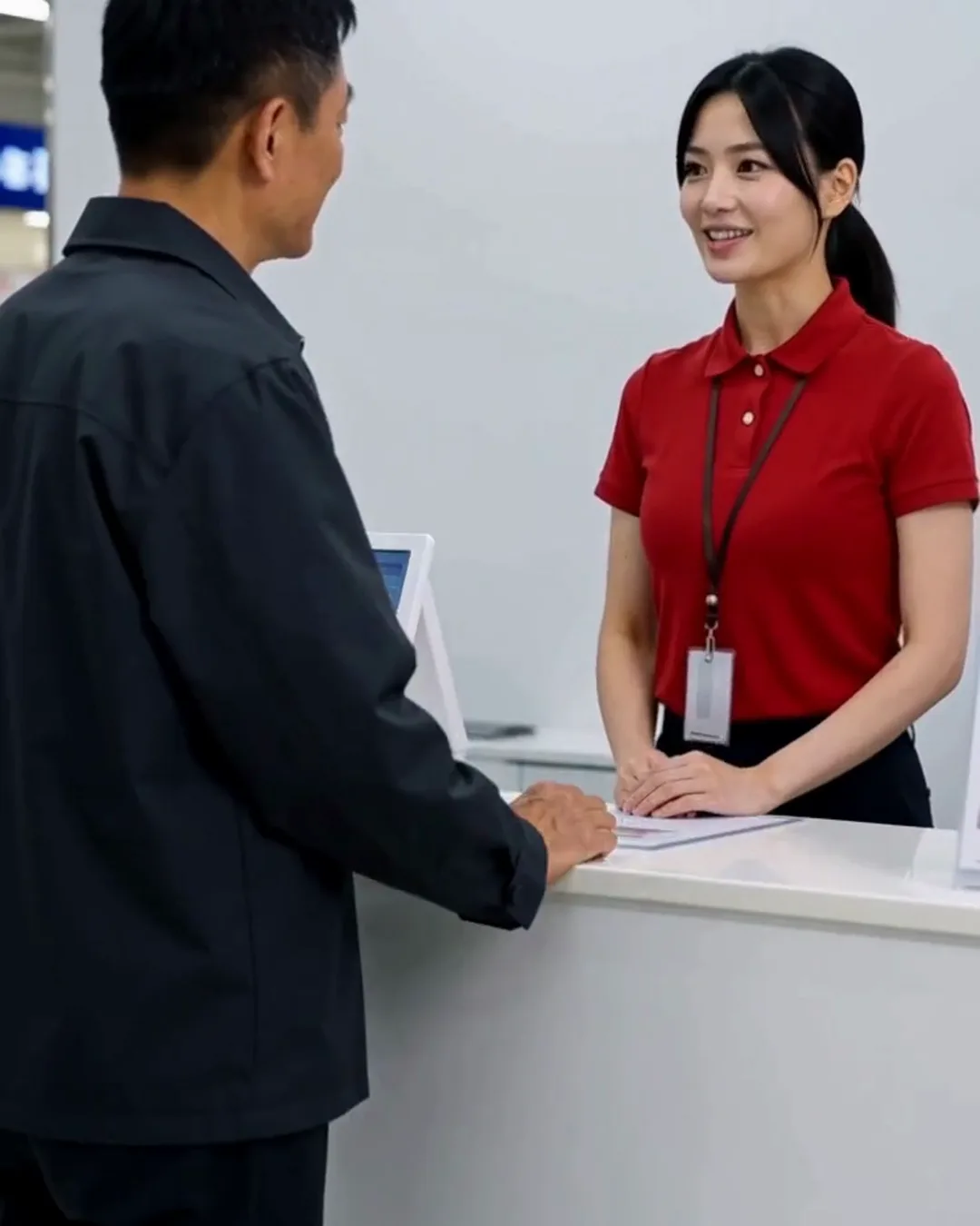 家電量販店の免税カウンターで、赤い制服の店員と外国人の男性客が話している
