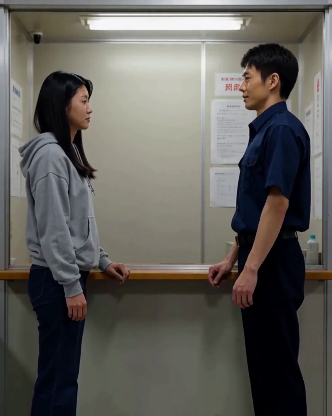 交番のカウンターをはさんで、警察官と外国人の若い女性が話している