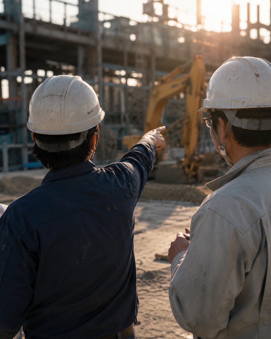 建設現場で、ヘルメット姿の日本人の職長が外国人の作業員に指をさして説明している