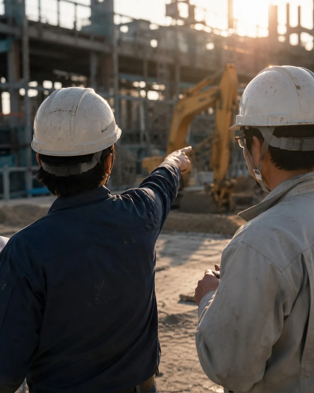 建設現場で、ヘルメット姿の日本人の職長が外国人の作業員に指をさして説明している