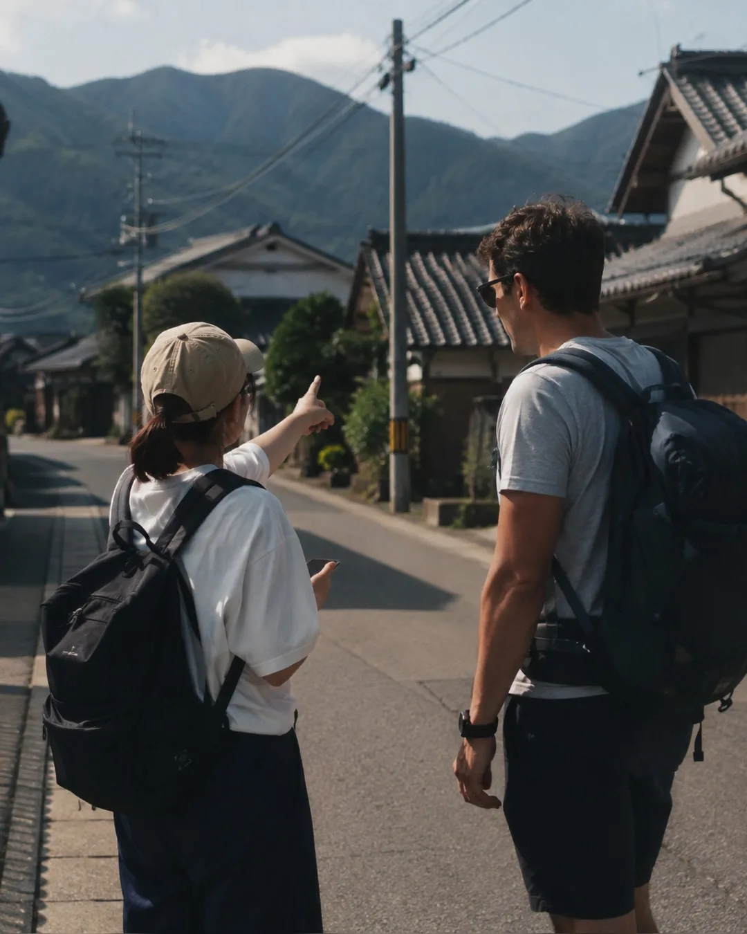 田舎の一本道。旅行者が地図を見ながら立っている
