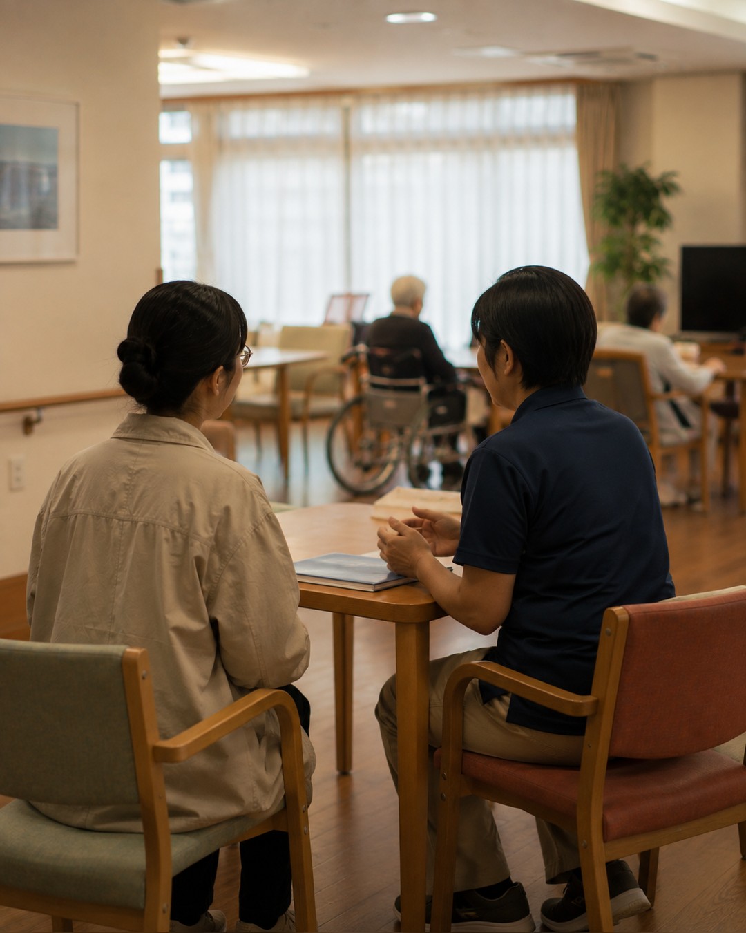 夜の介護施設の廊下で、日本人の職員と外国人のスタッフが申し送りをしている