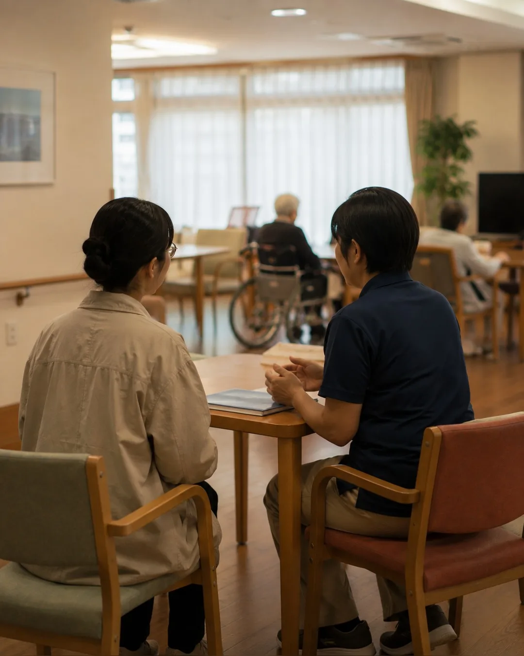夜の介護施設の廊下で、日本人の職員と外国人のスタッフが申し送りをしている