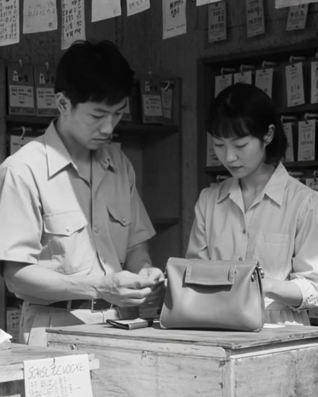 リサイクル店のカウンターで、査定員が革のバッグを調べ、外国人の女性客がカウンター越しに見ている