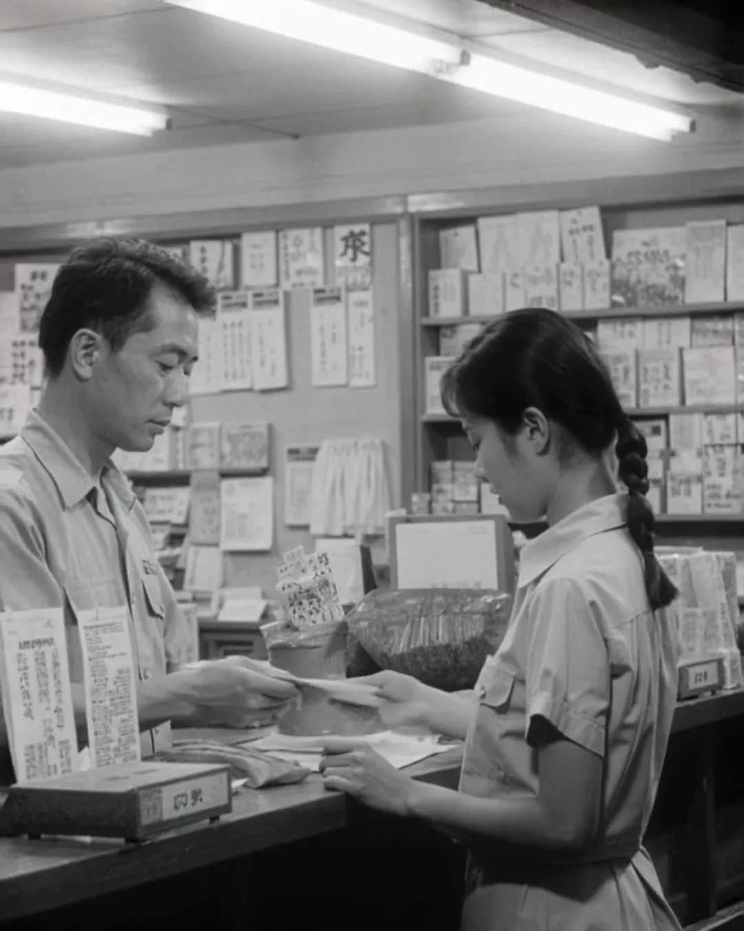 深夜のコンビニのカウンターで、店長とタイ人の女性スタッフが一緒に何かを確認している