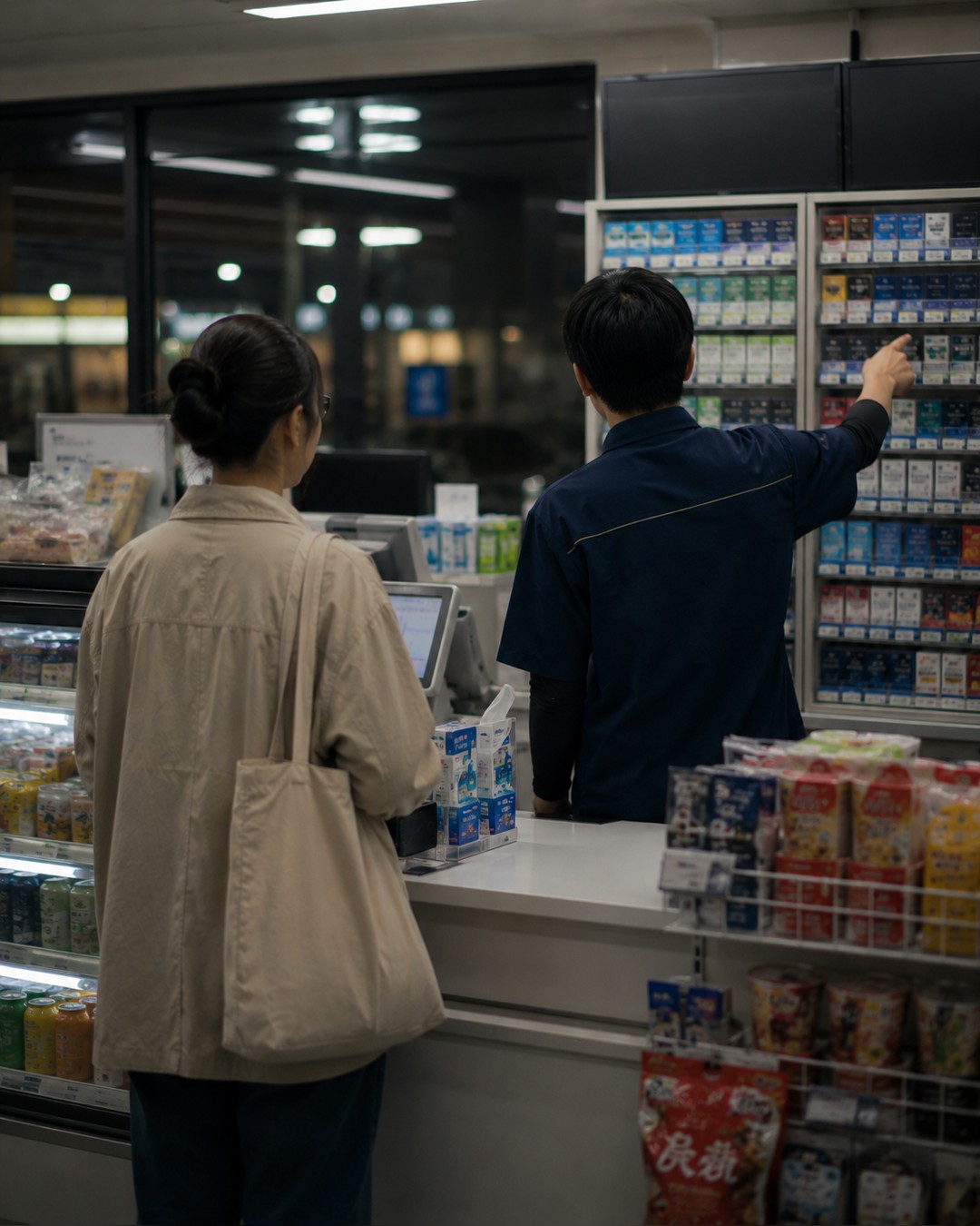 コンビニのレジ。店員が外国人の客に対応している