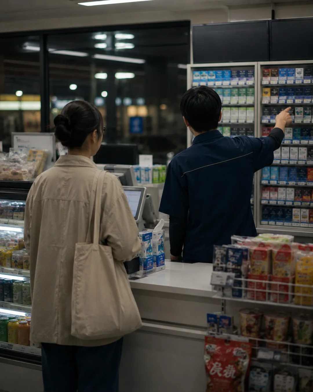 コンビニのレジで、店員が外国人の客に対応している