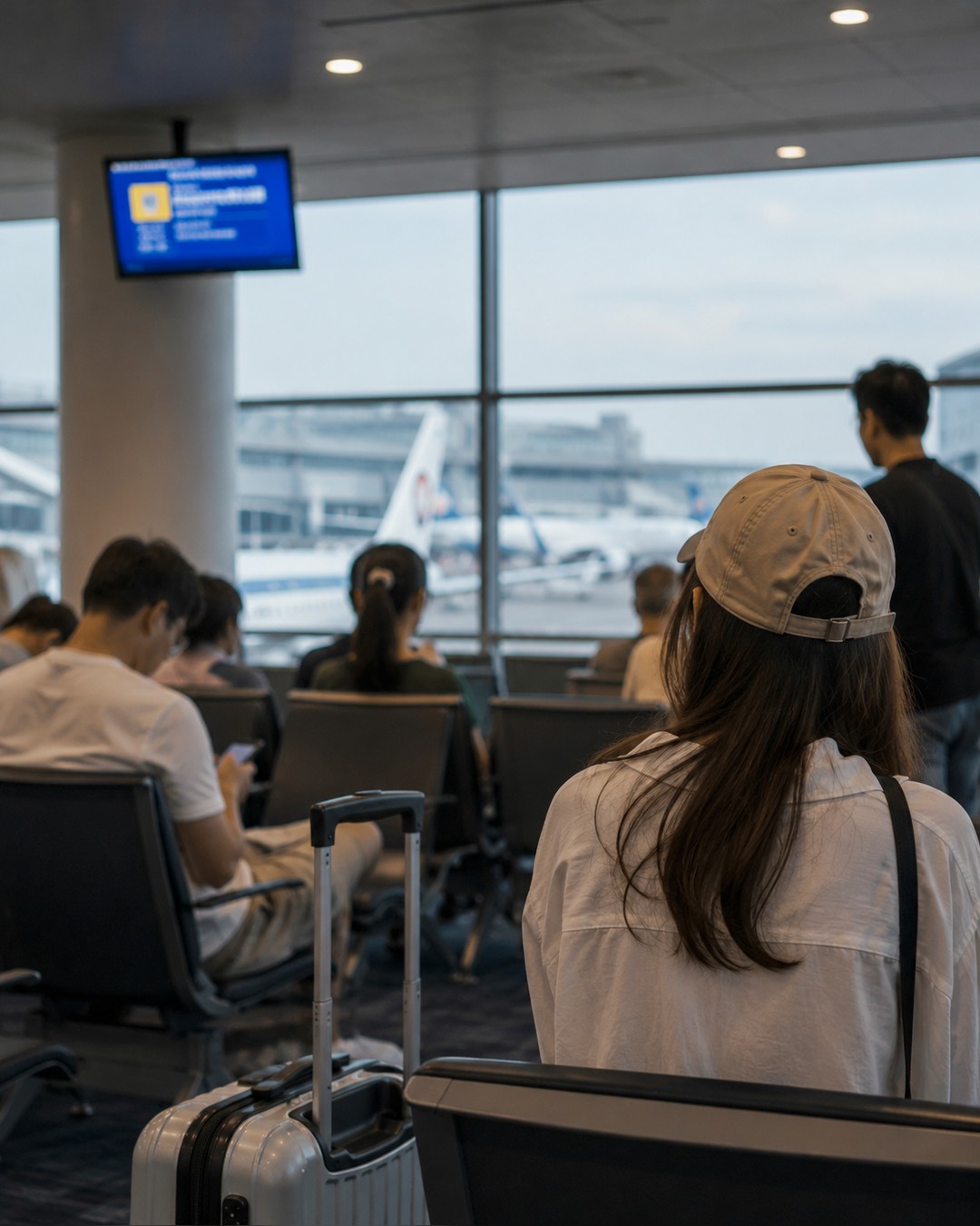 空港の出発ロビー。案内表示を見上げている旅行者
