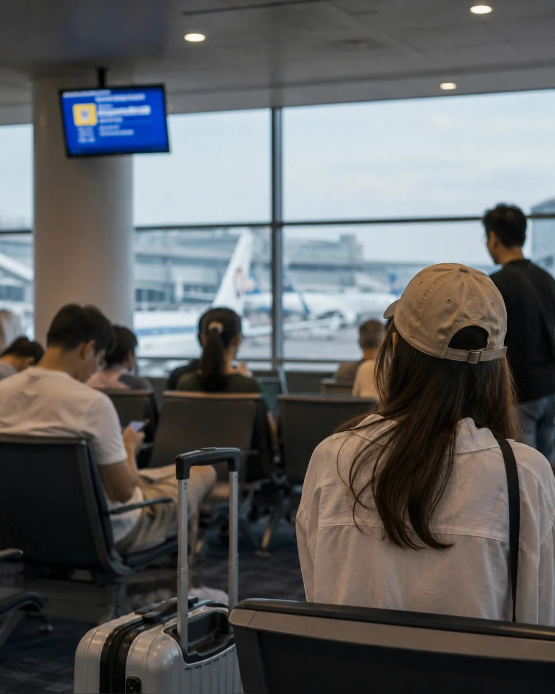 空港の出発ロビー。案内表示を見上げている旅行者