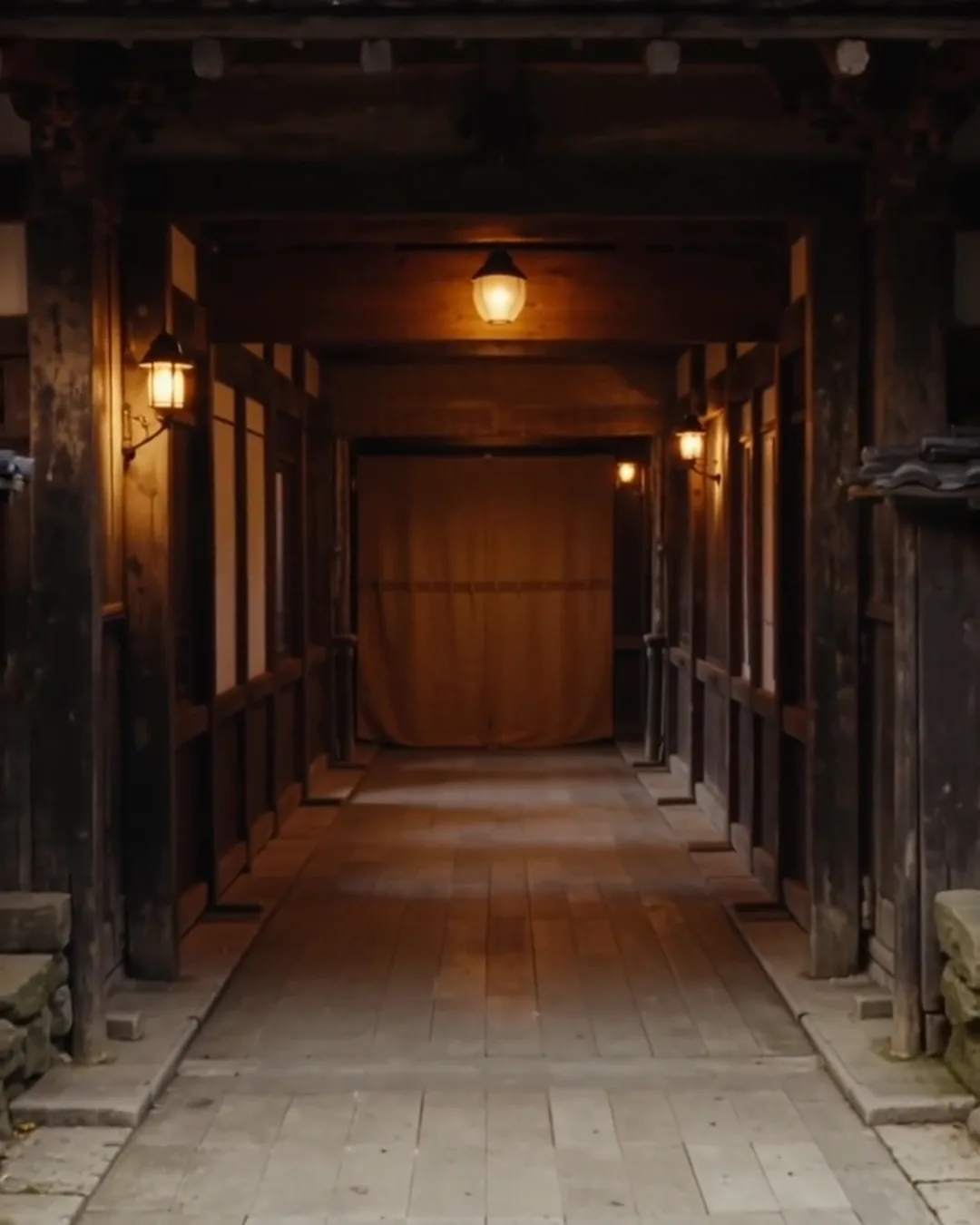 夕方の旅館の木の廊下。暖かい明かりと、奥に無地ののれん