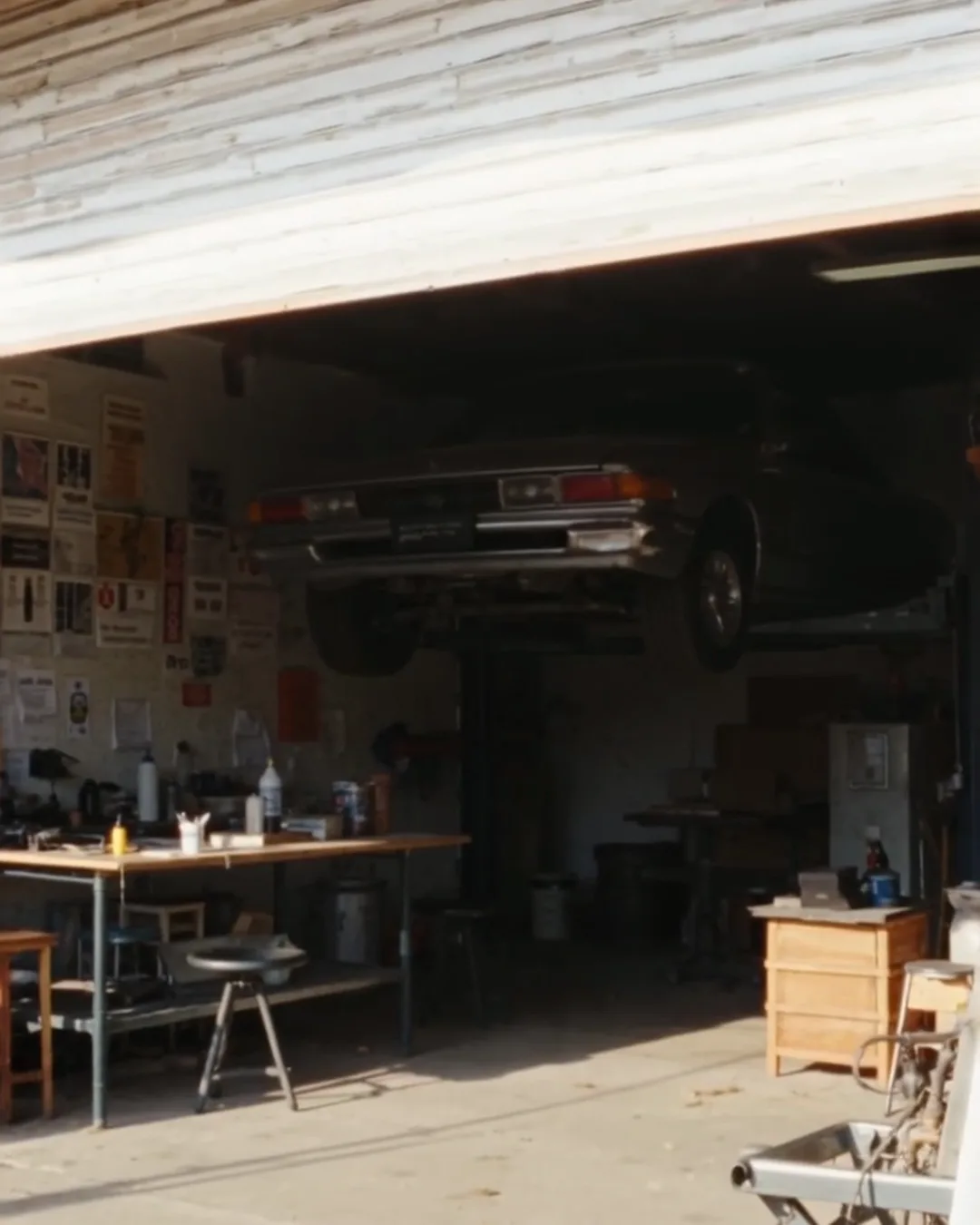 昼間の静かな整備工場。リフトに上げた車と片づいた作業台