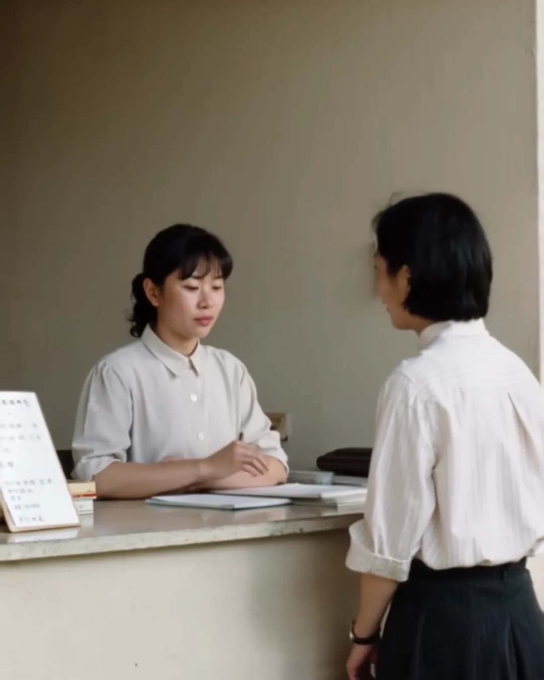 市役所の窓口で、女性の職員がカウンター越しに外国人の女性と話している