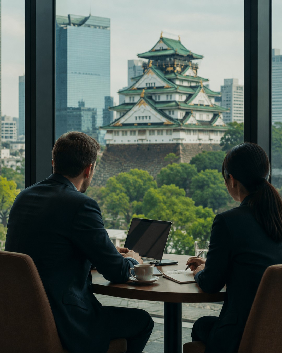 会議室で日本人と外国人が資料を挟んで打ち合わせをしている