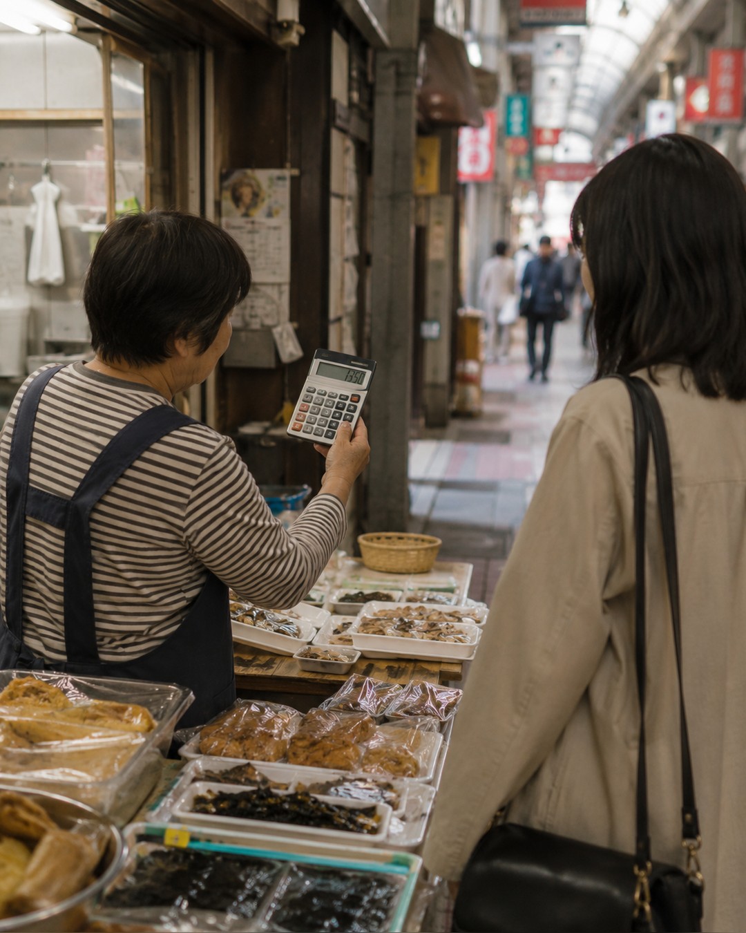 夕方の商店街。外国人の観光客が店先で店員と話している