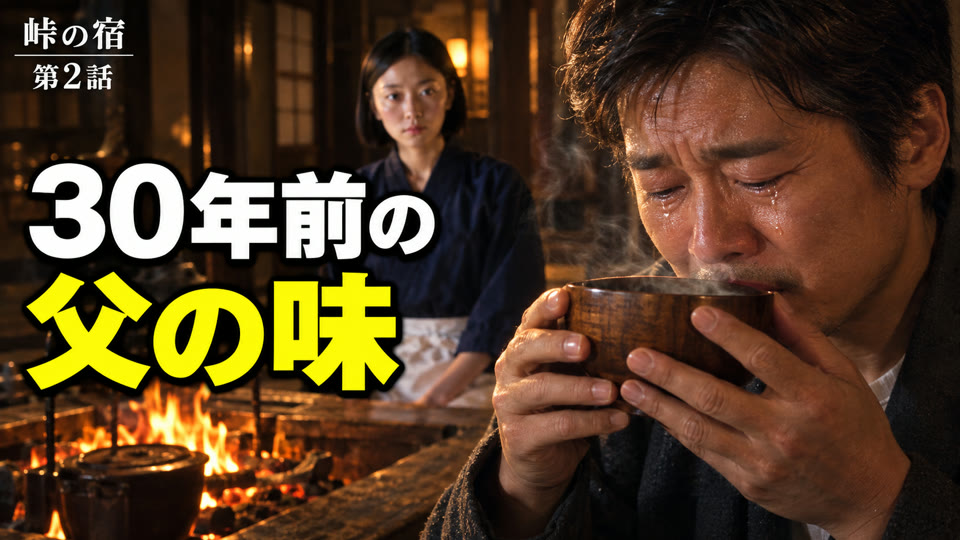 囲炉裏の間で、木の椀の味噌汁を飲んで目を潤ませる韓国の男性