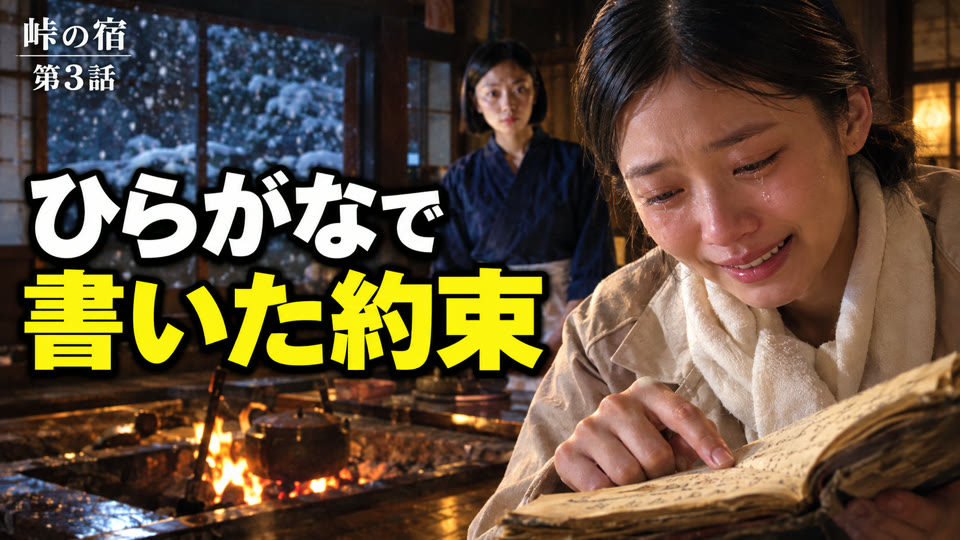 囲炉裏の明かりの下で、古いあいうえお表を指でなぞるベトナムの女性