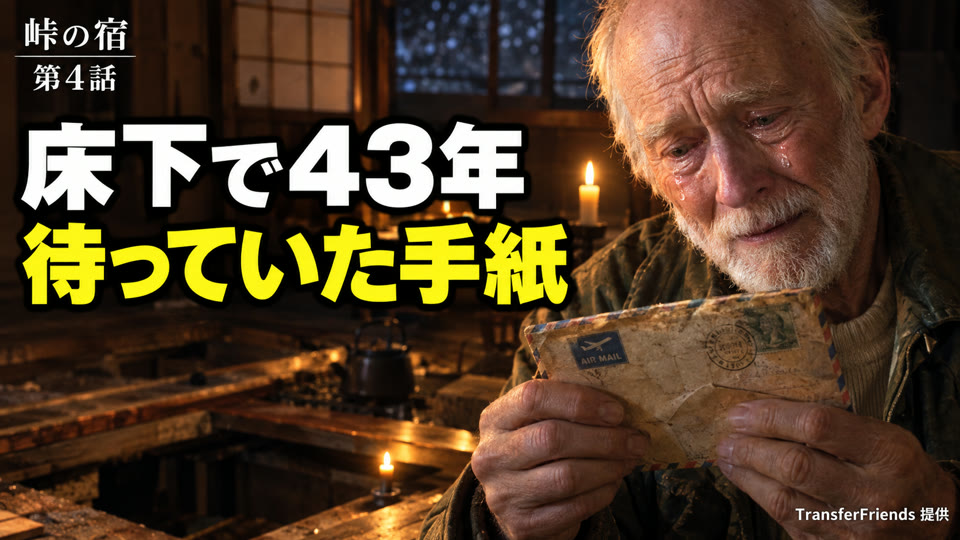 囲炉裏の間で、古い手紙を読んで涙ぐむ白髪の外国人男性