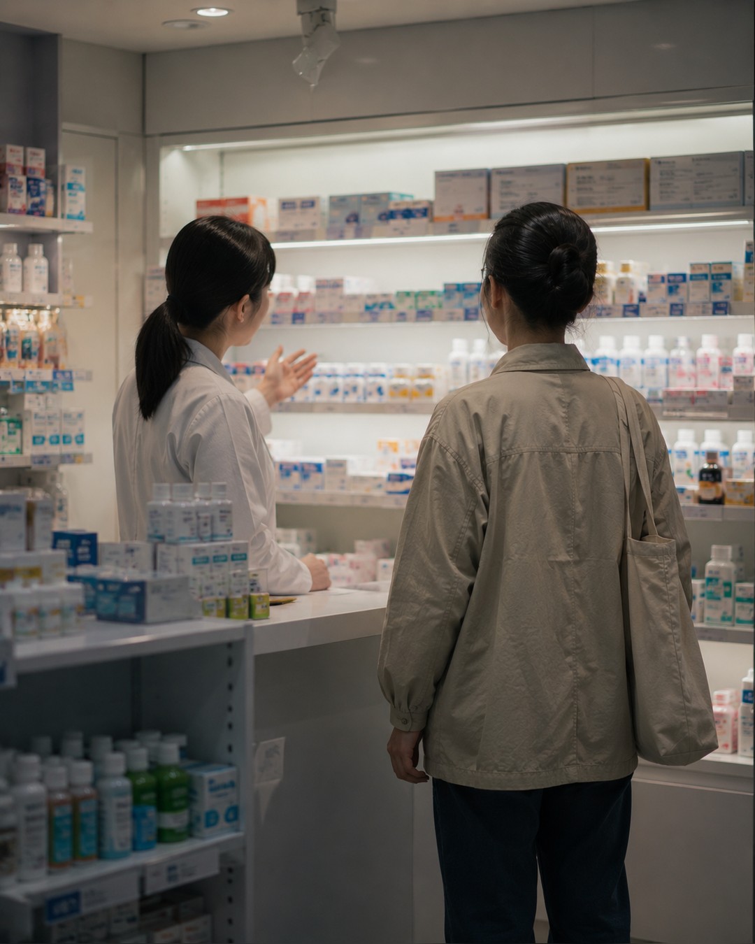 夜の薬局。棚の前で外国人の客と薬剤師が向かい合っている