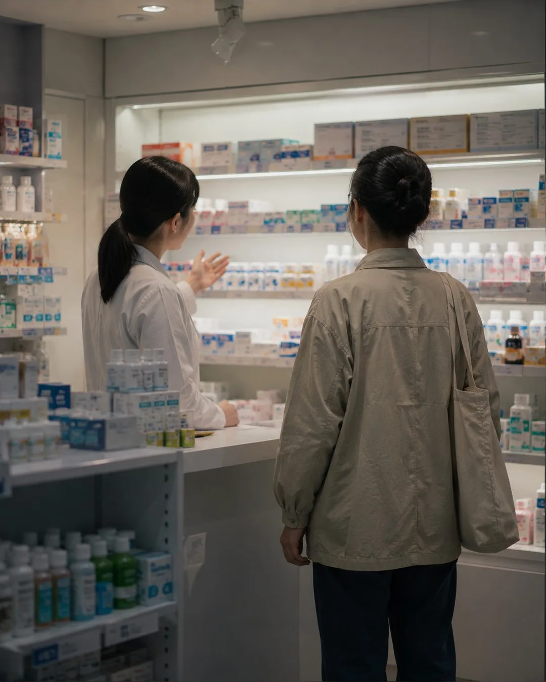 店のカウンター越しに、外国人の客と店員が向かい合って確認をしている