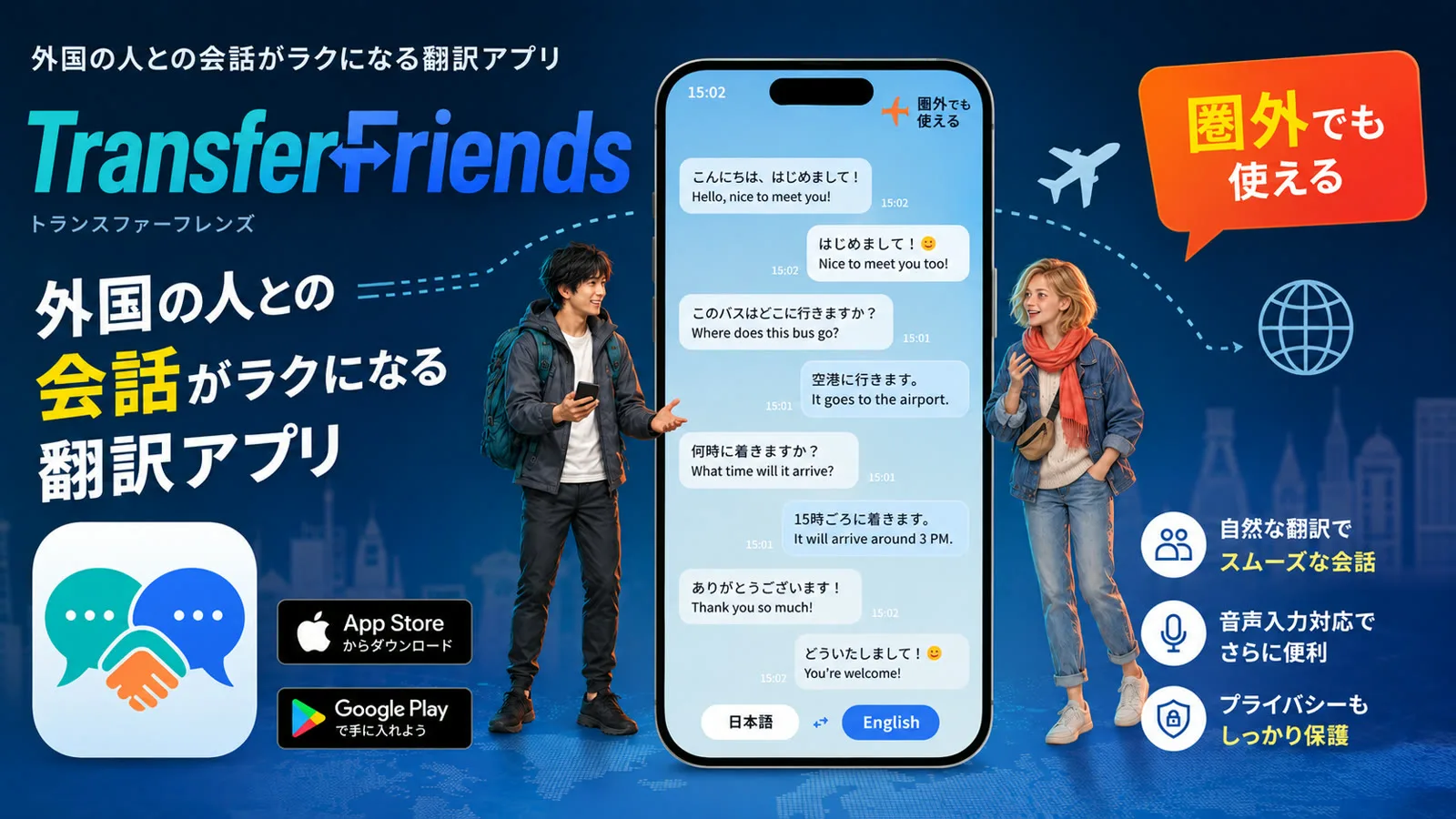 TransferFriends（トランスファーフレンズ）外国の人との会話がラクになる翻訳アプリ。圏外でも使える。日本語と英語のチャット画面